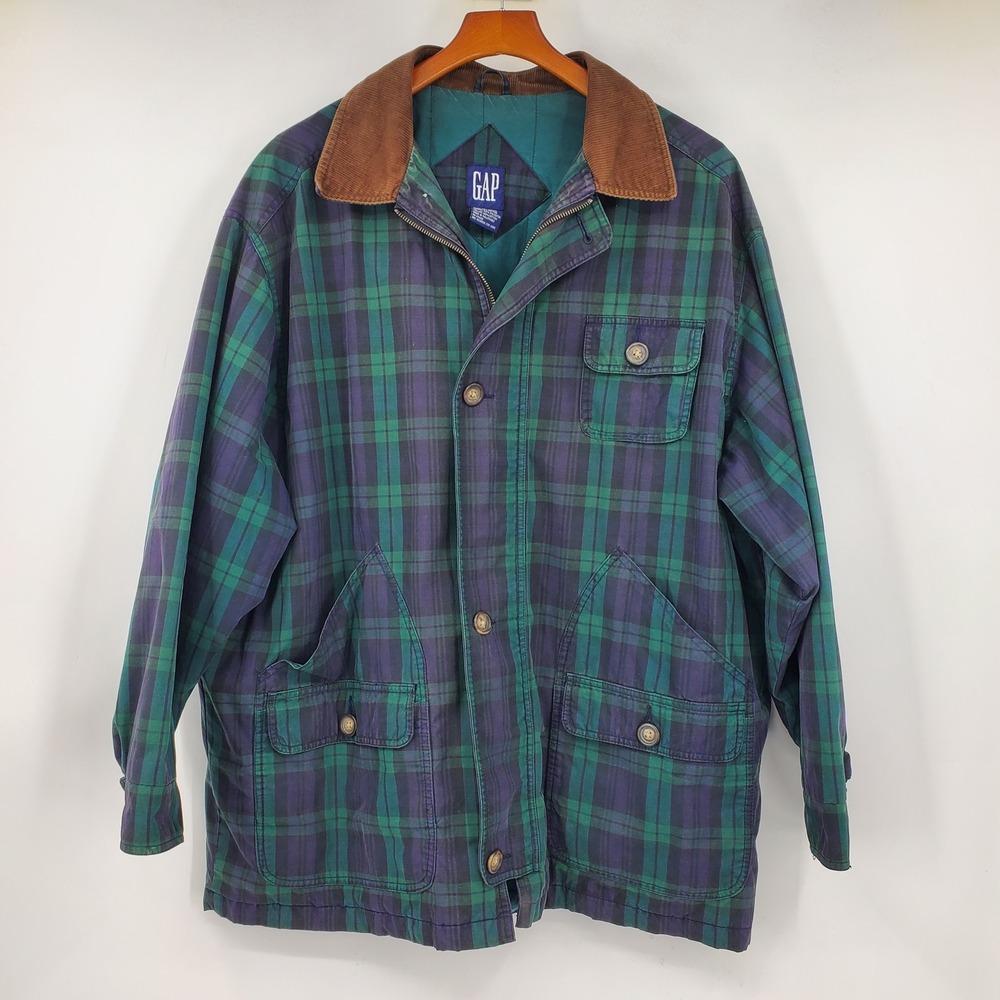 Gap Vintage Mens Black Watch Plaid Barn Field Jacket Corduroy Collar Green M 90s